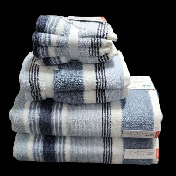 Caro Home 8pc Blue And White Striped Cotton Towel Set 2 Bath‎ 2 Hand 4 Tip NEW - Picture 13 of 13